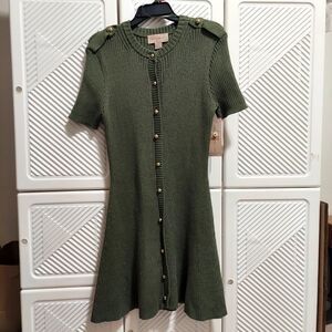 French Connection Large Forest Green Sweater Dress Golden Buttons New